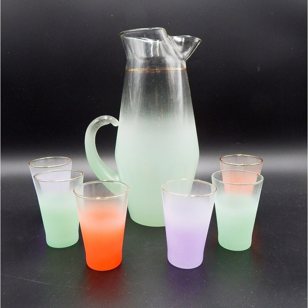 Blendo Frosted Glass Lemonade Pitcher Set Juice 7 Piece Rainbow Gold MCM Ombre